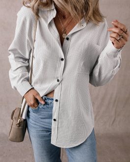 DEAR-LOVER Stripe Roll-tab Sleeve Pocketed Long Shirt