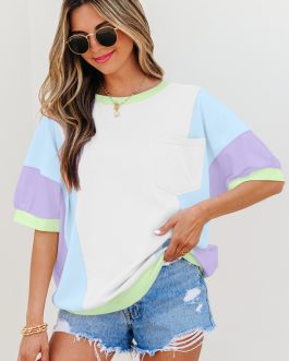 White Color Block Patchwork Half Sleeve Oversized T Shirt
