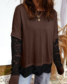 Dark Brown Sheer Lace Patchwork Casual Long Sleeve Tee