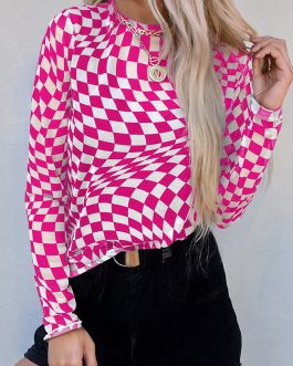Rose Checkered Pattern Mesh Mock Neck Long Sleeve Top