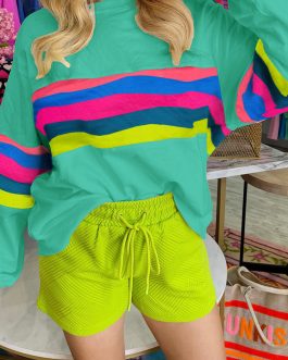 Green Colorful Striped Accent Long Sleeve T Shirt