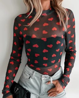 Black Valentines Heart Printed Sheer Mesh Long Sleeve Top