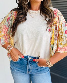 Beige Floral Patchwork Half Batwing Sleeve Blouse