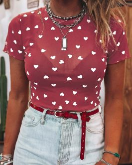 Racing Red Allover Heart Print Mesh Short Sleeve Top