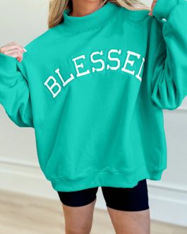 Sea Green Oversize Blessed Embroidered Mock Neck Sweatshirt