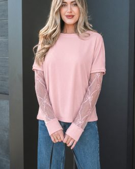 Light Pink Solid Color Bow Textured Patchwork Long Sleeve Tee