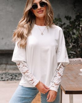 White Lace Long Sleeve Insert Drop Shoulder Tee
