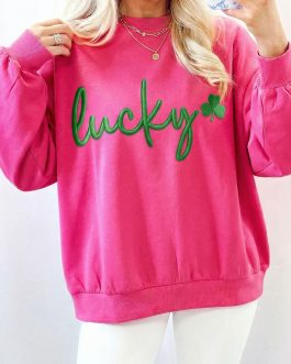 Rose Red Lucky Clover Embroidered Loose Pullover Sweatshirt